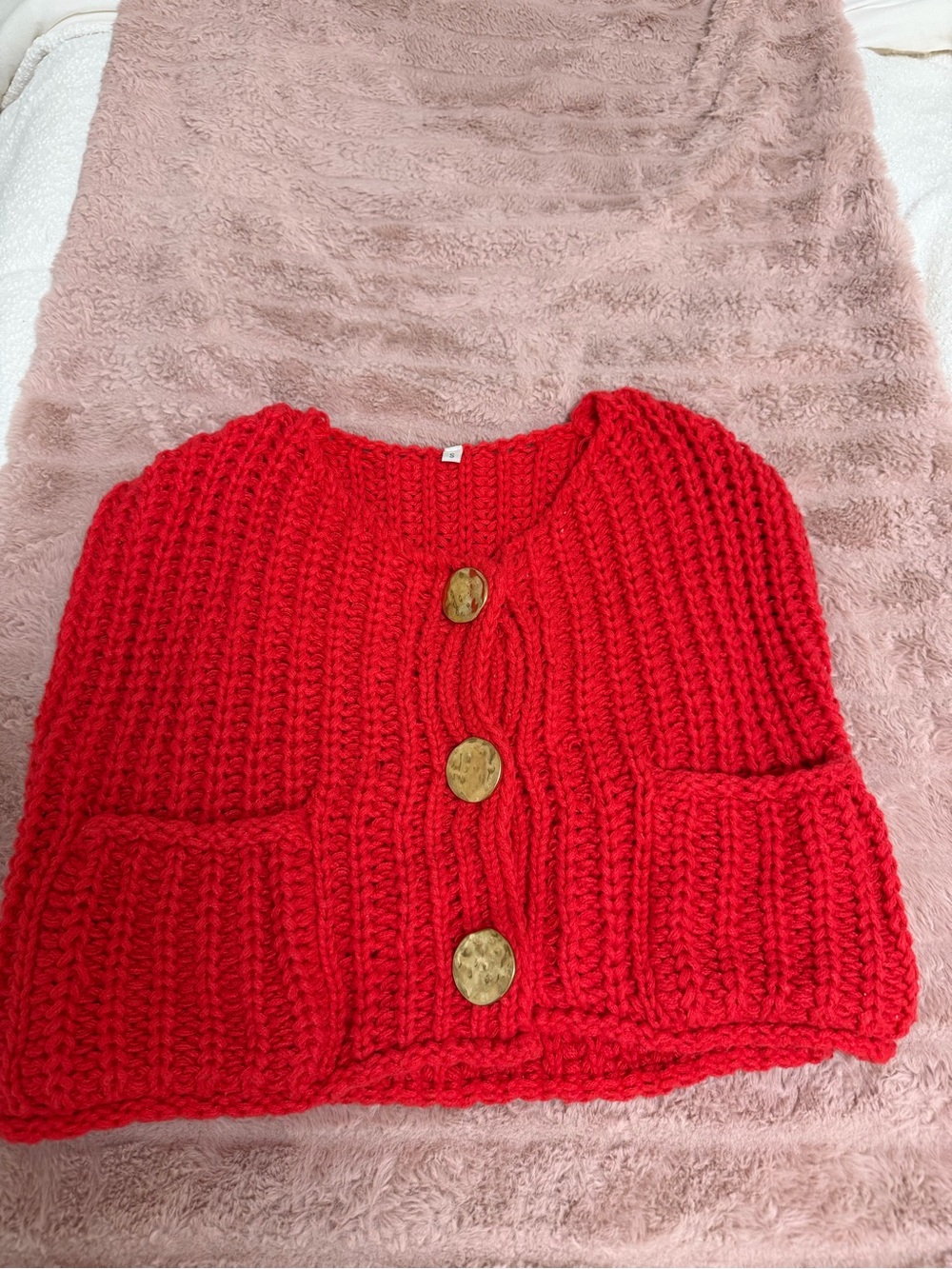 Amazon Red Chunky Knit Button-Front Cardigan with Pockets